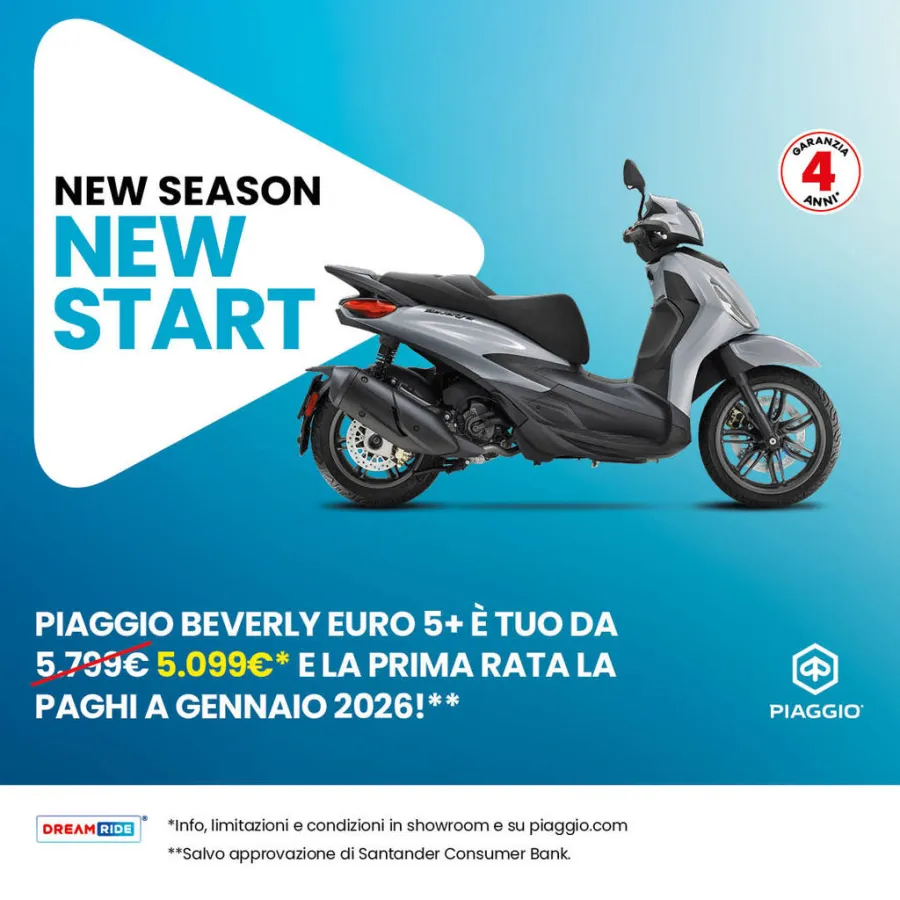 PIAGGIO BEVERLY TUO DA 5.099€, SENZA INTERESSI E LA PRIMA RATA A GENNAIO 2026. 