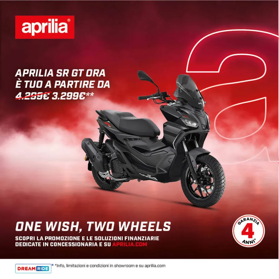 SR GT TUO A PARTIRE DA 3.299€  CON € 1000 DI VANTAGGI 4 ANNI DI GARANZIA SULLA GAMMA SCOOTER APRILIA. ZERO PENSIERI, DIVERTIMENTO ILLIMITATO.