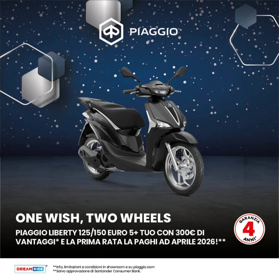 PIAGGIO LIBERTY 125/150cc TUO CON 300€ DI VANTAGGI  SENZA INTERESSI (TAEG 8,49%) E LA PRIMA RATA AD APRILE 2026.