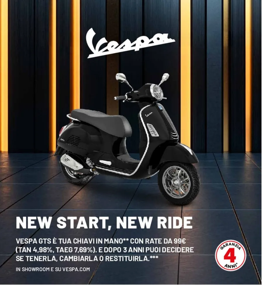GAMMA VESPA GTS EURO 5+ E' TUA CON IMMATRICOLAZIONE UNCLUSA NEL PREZZO VESPA GTS E' TUA CHIAVI IN MANO CON RATE DA 99€ (TAN 4,98%, TAEG 8,02%)
