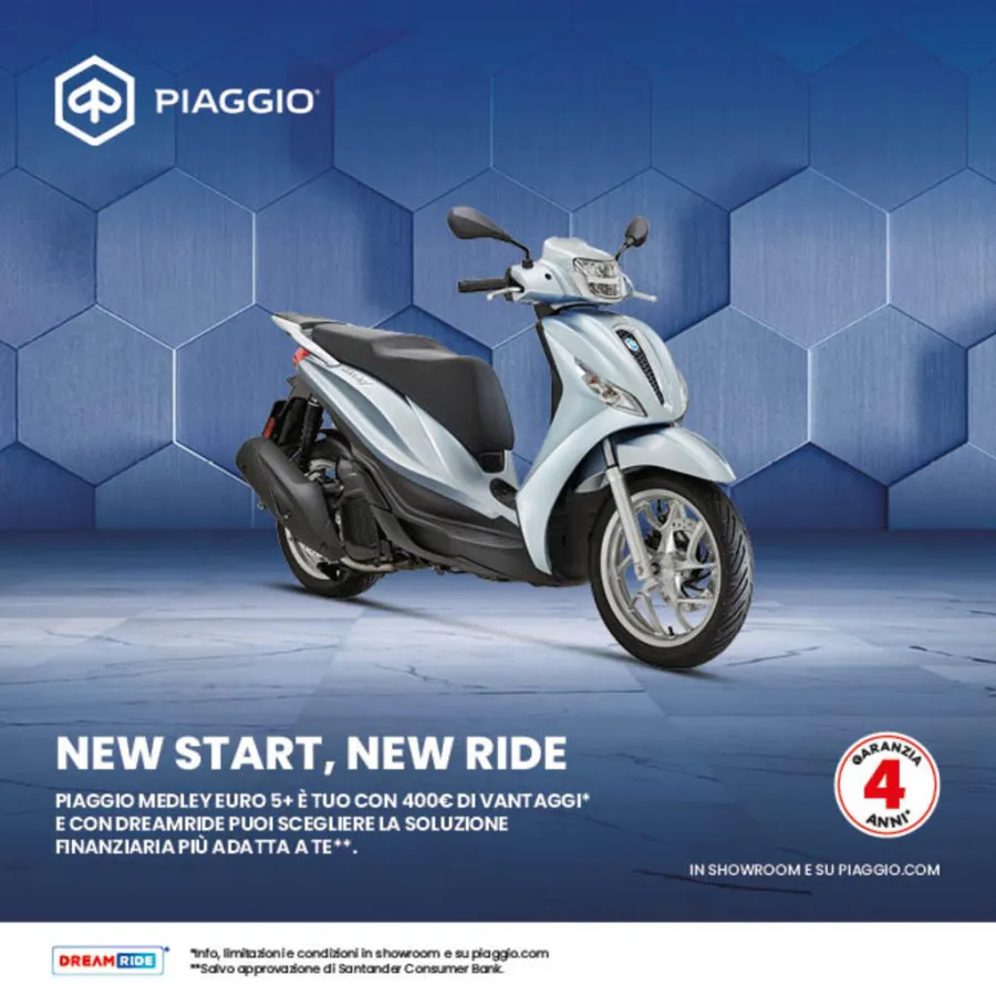 PIAGGIO MEDLEY TUO CON 400€ DI VANTAGGI E RATE DA 119€ AL MESE (TAN 3,48%, TAEG 11,53%) E RATE DA 119€ AL MESE (TAN 3,48%, TAEG 11,53%)
